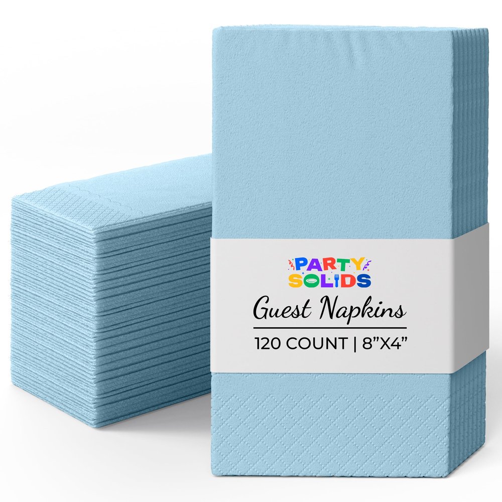 Party Solids Light Blue Dinner Napkins Disposable 8" x 4" Folded - 120 Pcs 2 Ply Light Blue Napkins Disposable Paper Guest Towels for Bathrooms, Dinners, Everyday Parties & Party Supplies
