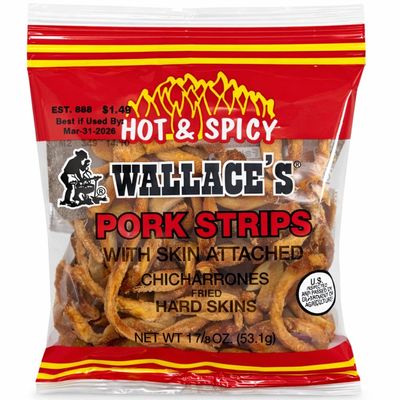 Wallace's Hot & Spicy Pork Strips with Skin Attached, Chicharrones Fried Hard Skins, 1.875 Ounce (36 Count)