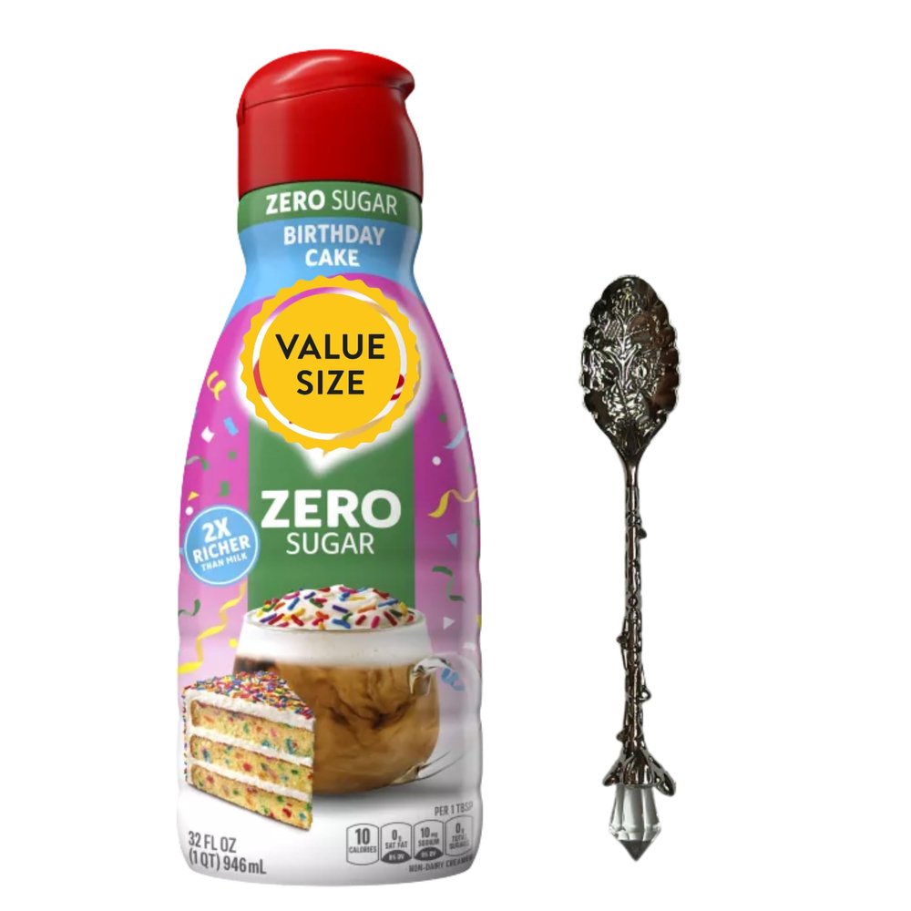 Premium Liquid Coffee Creamer 32 fl oz Bottle of Creamy Smooth Non-Dairy Coffee Creamer with Dumbass Coffee Gem Spoon (Birthday Cake Zero Sugar) Gem Spoon