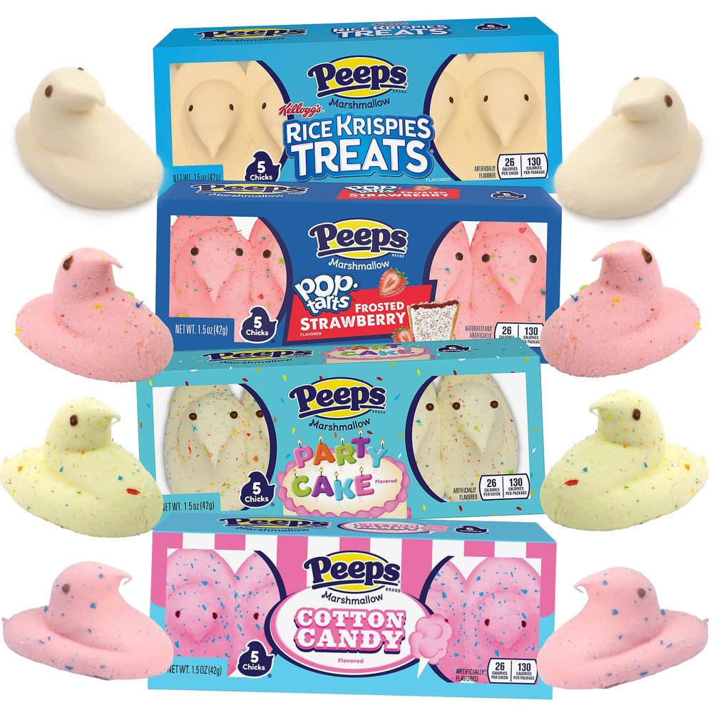 Dessert Peeps Marshmallows Assortment, Cotton Candy, Rice Krispies, Party Cake, and Strawberry Flavors, Easter Basket Stuffer Candy, 5 Count Sleeves (Pack of 4)