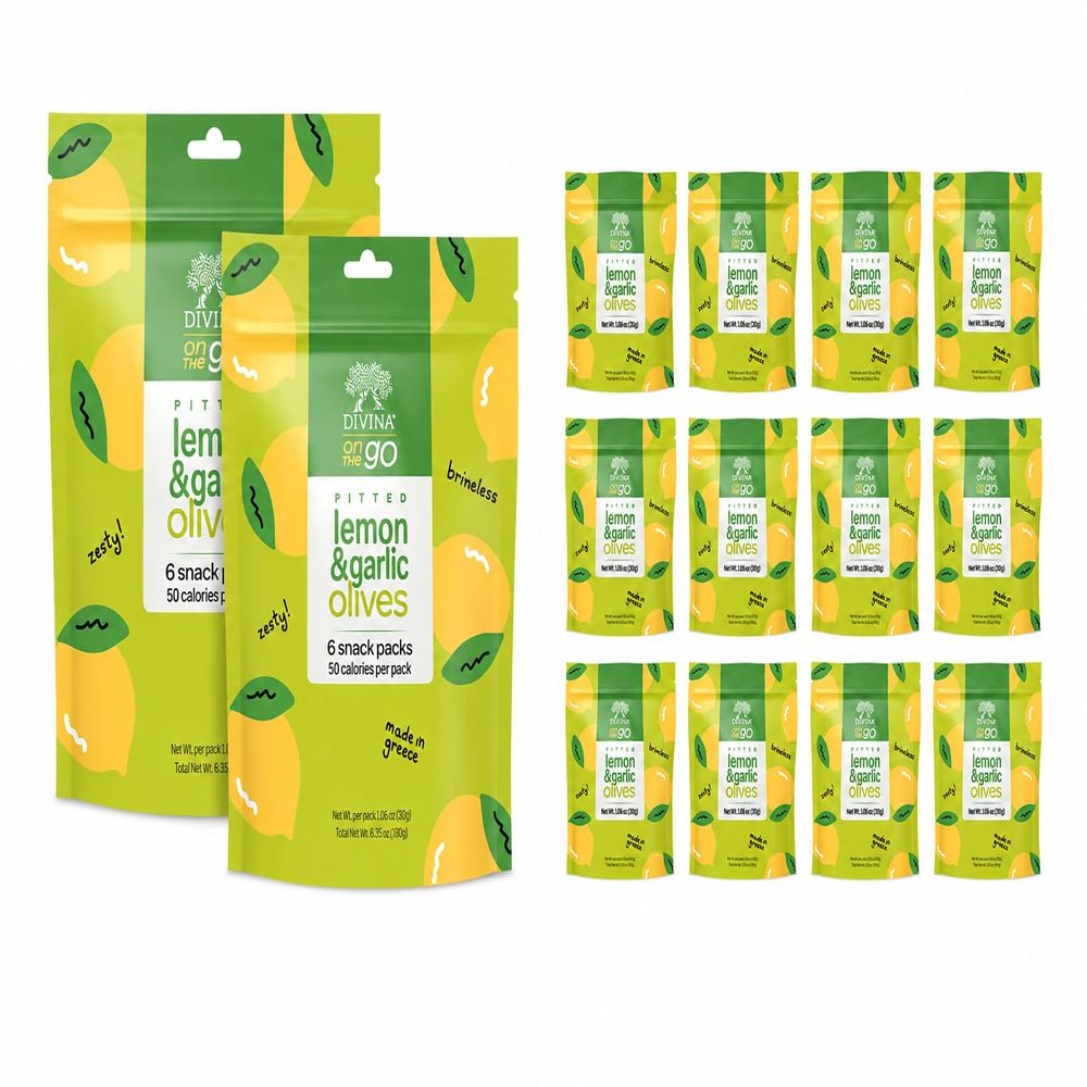 DIVINA Olives On-The-Go, Single Serve, Convenient and Healthy Snack Packs - All Natural, Non-GMO, Vegan, Vegetarian, Dairy-Free, Gluten-Free (Pitted Lemon & Garlic, 12 bags of 1.06 oz each)