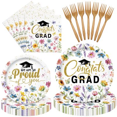 100 Pieces Graduation Party Tableware Set Congrats Grad Floral Plates, Napkins and Forks, Wildflower Disposable Dinnerware for Class of 2026 Graduation Party Supplies