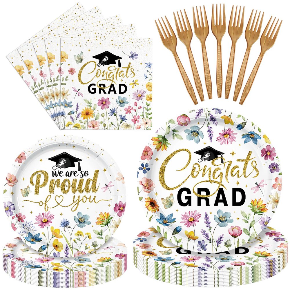 100 Pieces Graduation Party Tableware Set Congrats Grad Floral Plates, Napkins and Forks, Wildflower Disposable Dinnerware for Class of 2026 Graduation Party Supplies