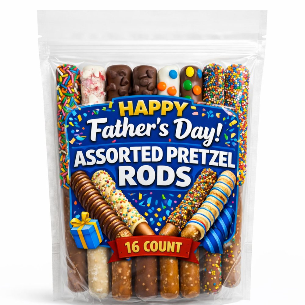 Fathers Day Assorted Chocolate Covered Pretzel Rods 16 Count Made-to-Order Milk & White Chocolate Pretzels Gourmet Gift for Dad