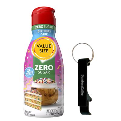Premium Liquid Coffee Creamer 32 fl oz Bottle of Creamy Smooth Non-Dairy Coffee Creamer with Dumbass Coffee Bottle Opener Keychain (Birthday Cake Zero Sugar) Keychain