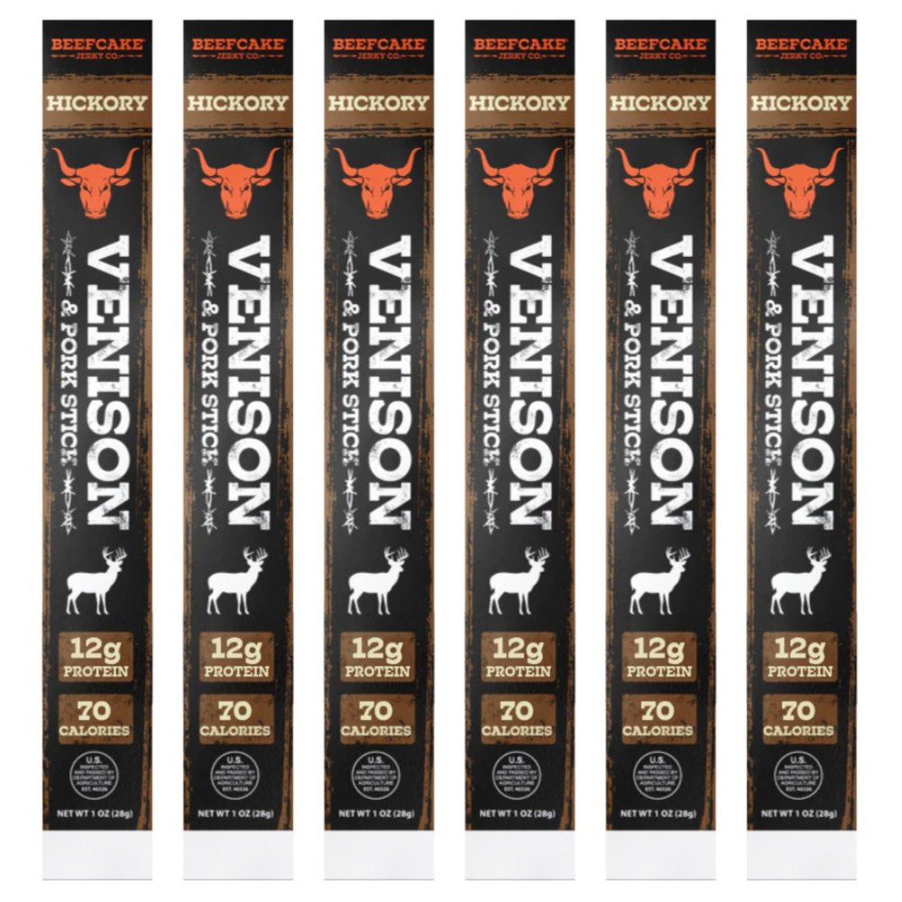 BeefCake Jerky Venison Meat Sticks Hickory Smoked Meat Snack High Protein Snack 12g Protein 70 Calories Real Jerky Style Meat Sticks Protein Snack for Travel Hiking Lunchboxes (6 Pack)