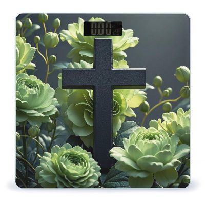 Black Cross Among Green Flowers Bathroom Scale for Body Weight Bathroom Weighing Scales with Back Lit LED Display Sturdy Tempered Glass Body Weight Bathroom Scale 400lb Weighing