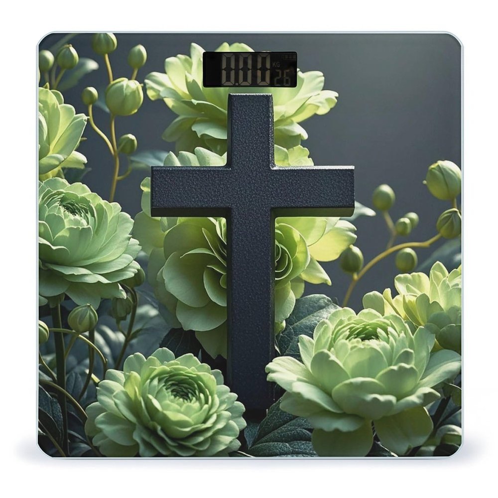 Black Cross Among Green Flowers Bathroom Scale for Body Weight Bathroom Weighing Scales with Back Lit LED Display Sturdy Tempered Glass Body Weight Bathroom Scale 400lb Weighing