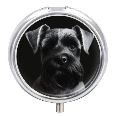 Small Black Schnauzer Dog Pill Box 3 Compartments Pill Case Portable Travel Medicine Organizer Round Mini Medicine Container Holder Fits in Pocket for Vitamin Fish Oil