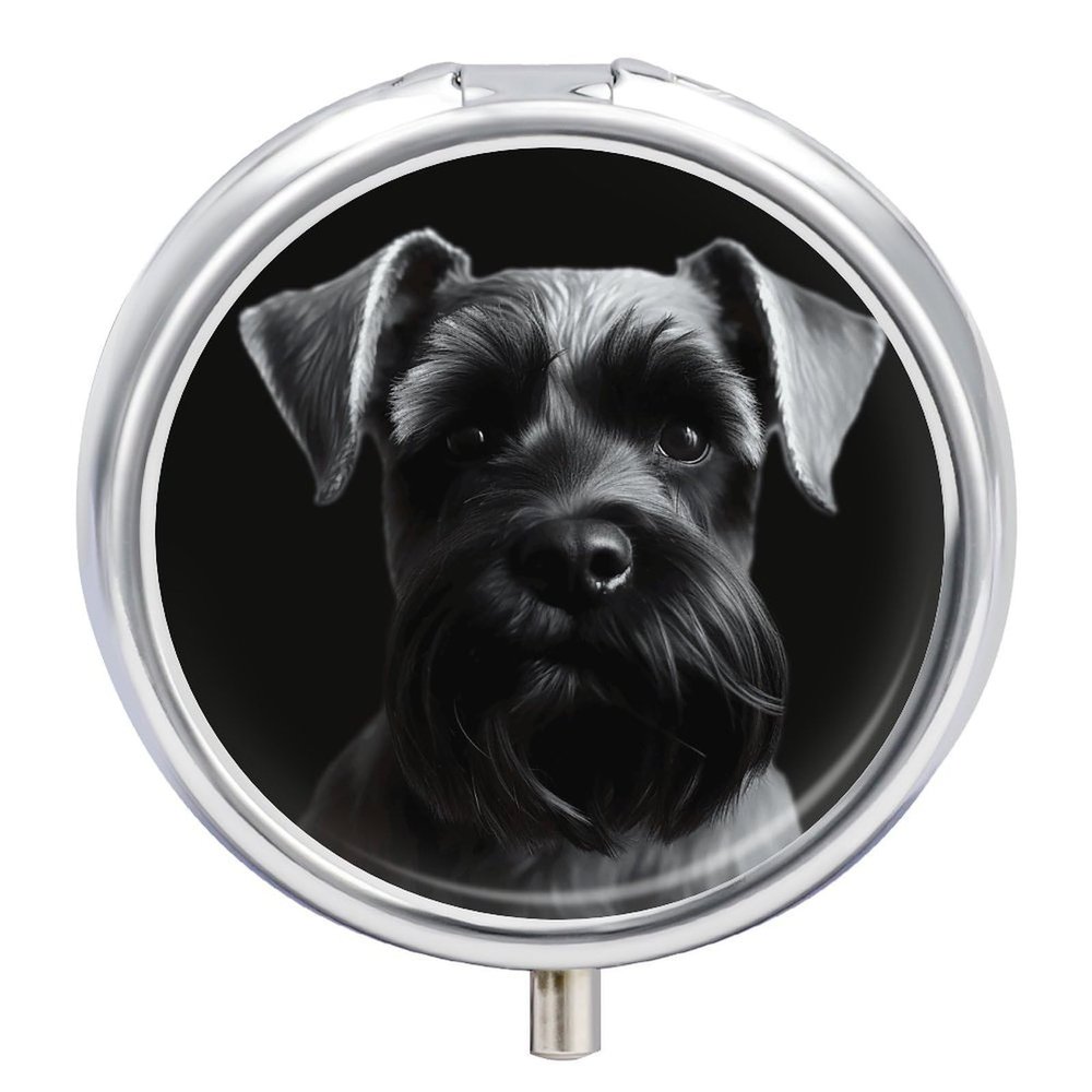 Small Black Schnauzer Dog Pill Box 3 Compartments Pill Case Portable Travel Medicine Organizer Round Mini Medicine Container Holder Fits in Pocket for Vitamin Fish Oil
