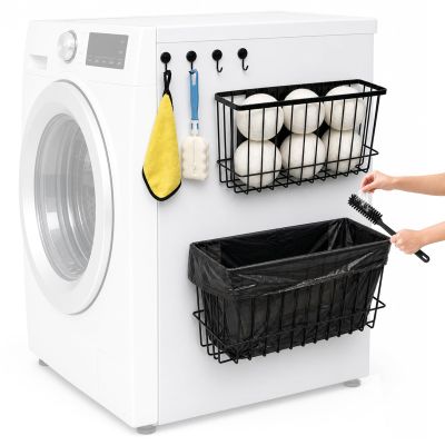 LIOIFIR Magnetic Holder for Wool Dryer Balls & Lint Bin (2-Pack, Black) Extra Long 14.2" & 10.4" Metal Laundry Trash Can Washer Side Organizer with 4 Magnetic Hooks (Balls Not Included)