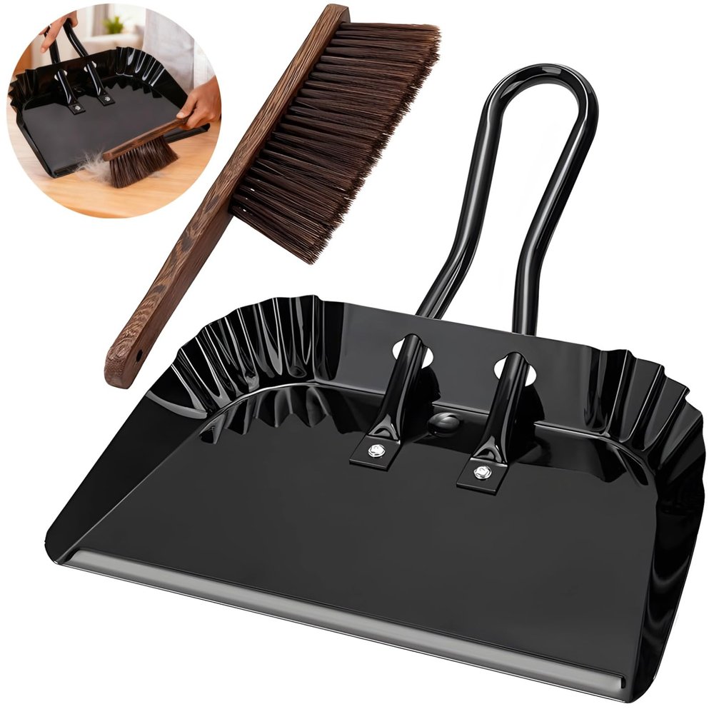 12 in Stainless Steel Dustpan and Broom Combo, Heavy Duty, Long-Lasting Household Cleaning Tool, Black Outdoor Patio Sweeping Solution, 30 cm