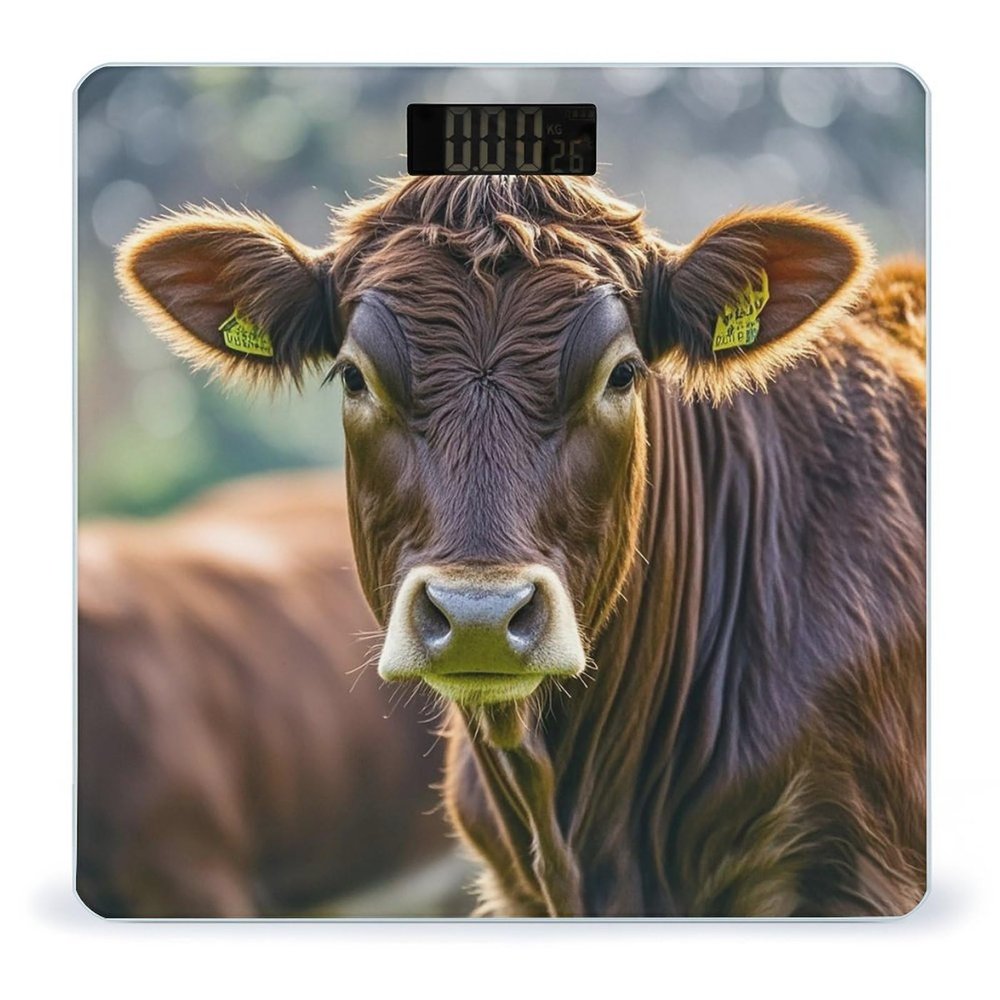 Cow in Brown Bathroom Scale for Body Weight Bathroom Weighing Scales with Back Lit LED Display Sturdy Tempered Glass Body Weight Bathroom Scale 400lb Weighing