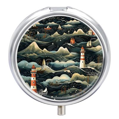 Small Black Lighthouse Pill Box 3 Compartments Pill Case Portable Travel Medicine Organizer Round Mini Medicine Container Holder Fits in Pocket for Vitamin Fish Oil