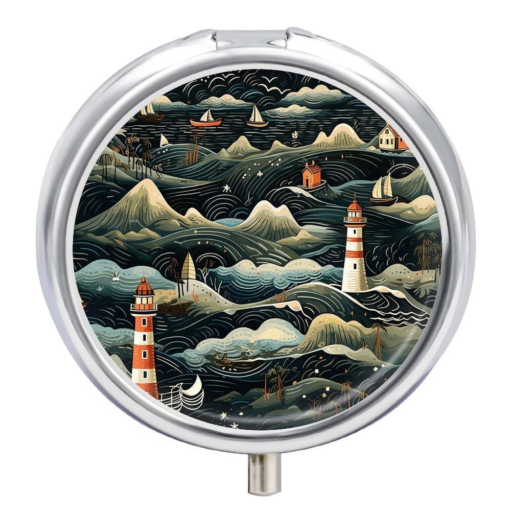 Small Black Lighthouse Pill Box 3 Compartments Pill Case Portable Travel Medicine Organizer Round Mini Medicine Container Holder Fits in Pocket for Vitamin Fish Oil