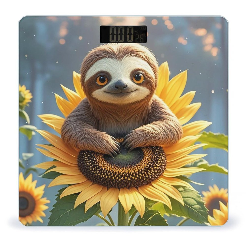Cartoon Sloth Sitting on Sunflower Bathroom Scale for Body Weight Bathroom Weighing Scales with Back Lit LED Display Sturdy Tempered Glass Body Weight Bathroom Scale 400lb Weighing