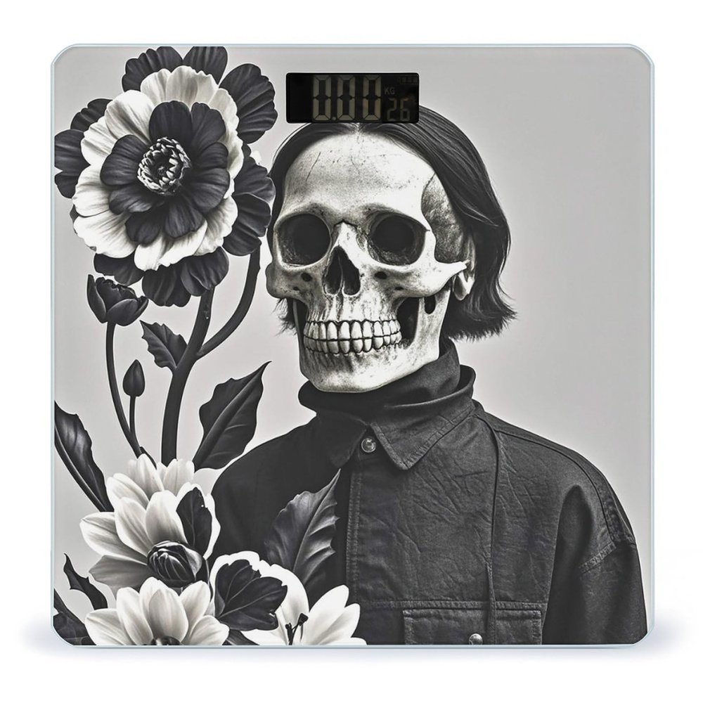 Black and White Flowers and Skull Bathroom Scale for Body Weight Bathroom Weighing Scales with Back Lit LED Display Sturdy Tempered Glass Body Weight Bathroom Scale 400lb Weighing