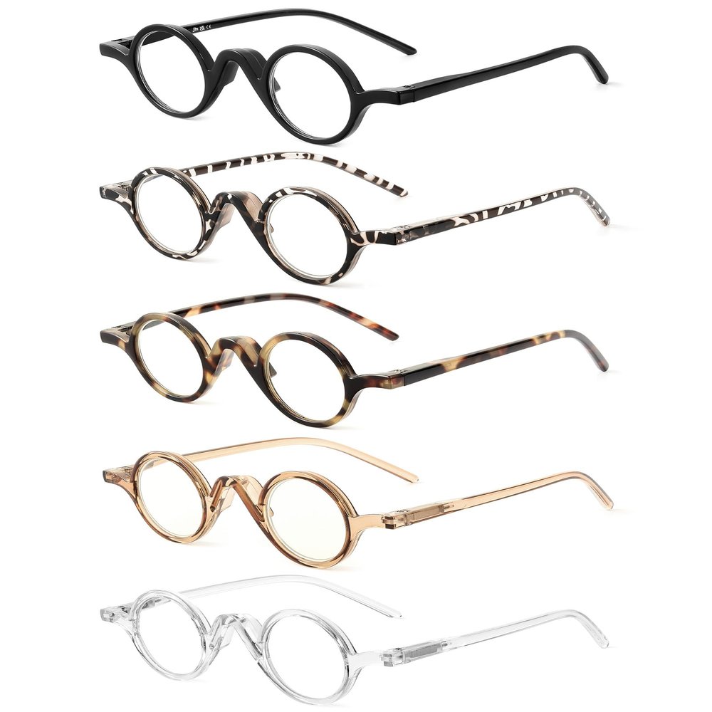 JM 5 Pack Round Reading Glasses for Women Men, Vintage Small Blue Light Blocking Computer Readers with Spring Hinges + 2.75