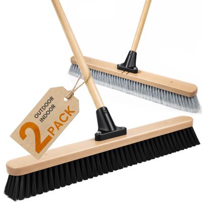 24-Inch Push Broom Set for Indoor & Outdoor Cleaning, Heavy Duty Sweeping Brooms with 61-Inch Solid Wood Handle, Soft & Stiff Bristle Combo for Garage, Shop, Patio & Home (2-Pack)