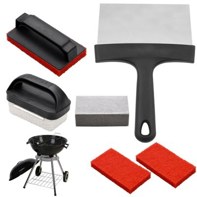 Griddle Cleaning Kit Effective Grease & Stain Removal Handled Griddle Cleaner with Shovel, Cleaning Stones and 3 Scouring Pads Flat Top Grill Cleaner for Hot or Cold Surfaces, Ornements de jardin