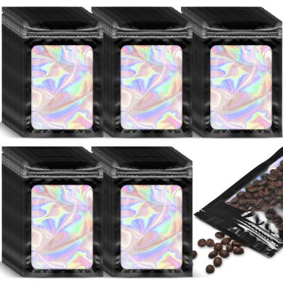 Marspark 500 Pcs Holographic Aluminum Foil Bags, 3 x 4.7 Inch Resealable Sealed Bag with Clear Window Zipper Lock Black Packaging Bags for Food Storage Sample Jewelry Lip gloss Supplies