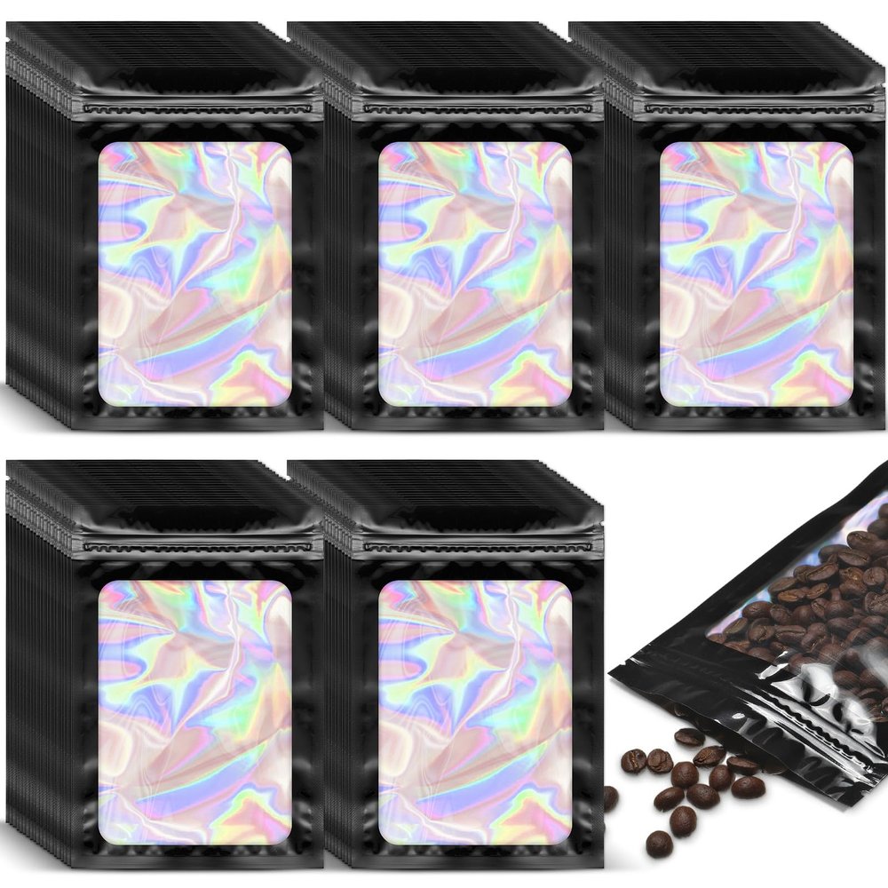 Marspark 500 Pcs Holographic Aluminum Foil Bags, 3 x 4.7 Inch Resealable Sealed Bag with Clear Window Zipper Lock Black Packaging Bags for Food Storage Sample Jewelry Lip gloss Supplies