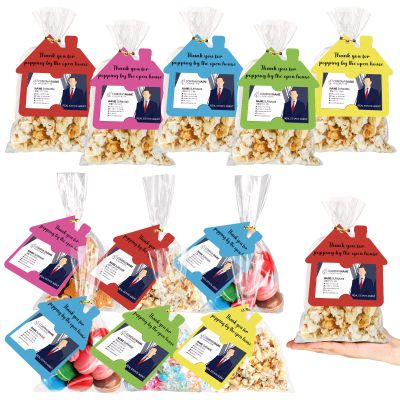 Hoolerry 50 Set Open House Gift Real Estate Agent Supplies Popcorn Bag with Tag Open House Supplies Thanks Tag Business Card Thank You for Popping by Candy Bag for Estate Agent Favors (Bright)