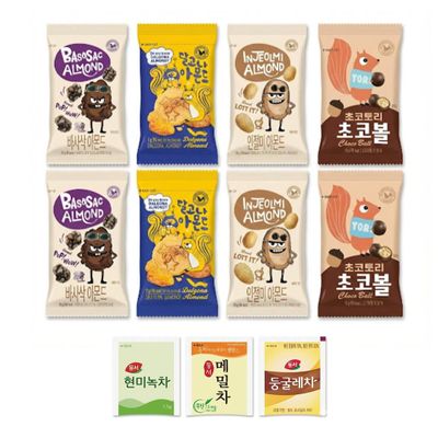 Korean Almond Snack Gift Set with Premium Tea - 4 Flavors Variety Pack (Basasac, Dalgona, Injeolmi, Choco Ball) | 8 Packs + 3 Tea Bags