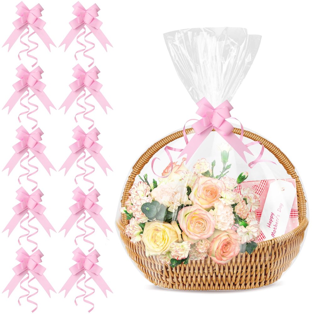 10PCS 18x24Inch Shrink Wrap Bags with Pink Bows for Gift Baskets Large Clear PVC Heat Shrink Bags Plastic Cellophane Bags for Mother's Day Valentine's Day Easter Christmas Halloween New Year Birthday Party Baby Shower And Wedding Gift Wrapping