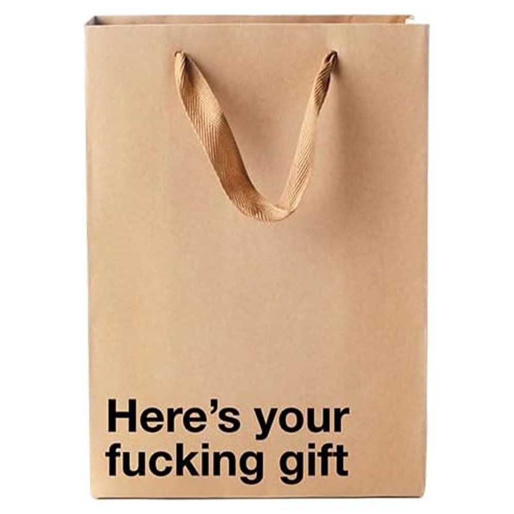 MilkToast Brands Funny Profanity Gift Bag, 11" x 8" x 4" Size, Here's Your Fucking Gift, Reusable Brown Kraft Paper Swear Word Bag for Adult Christmas and White Elephant Exchanges