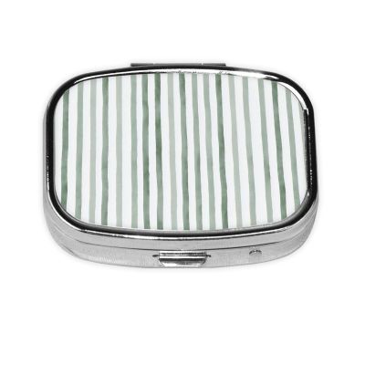 Watercolor Preppy Sage Green Stripes Pattern Pill Box Square Metal Pill Case with 2 Compartment Travel Pill Organizer for Vitamins Medication