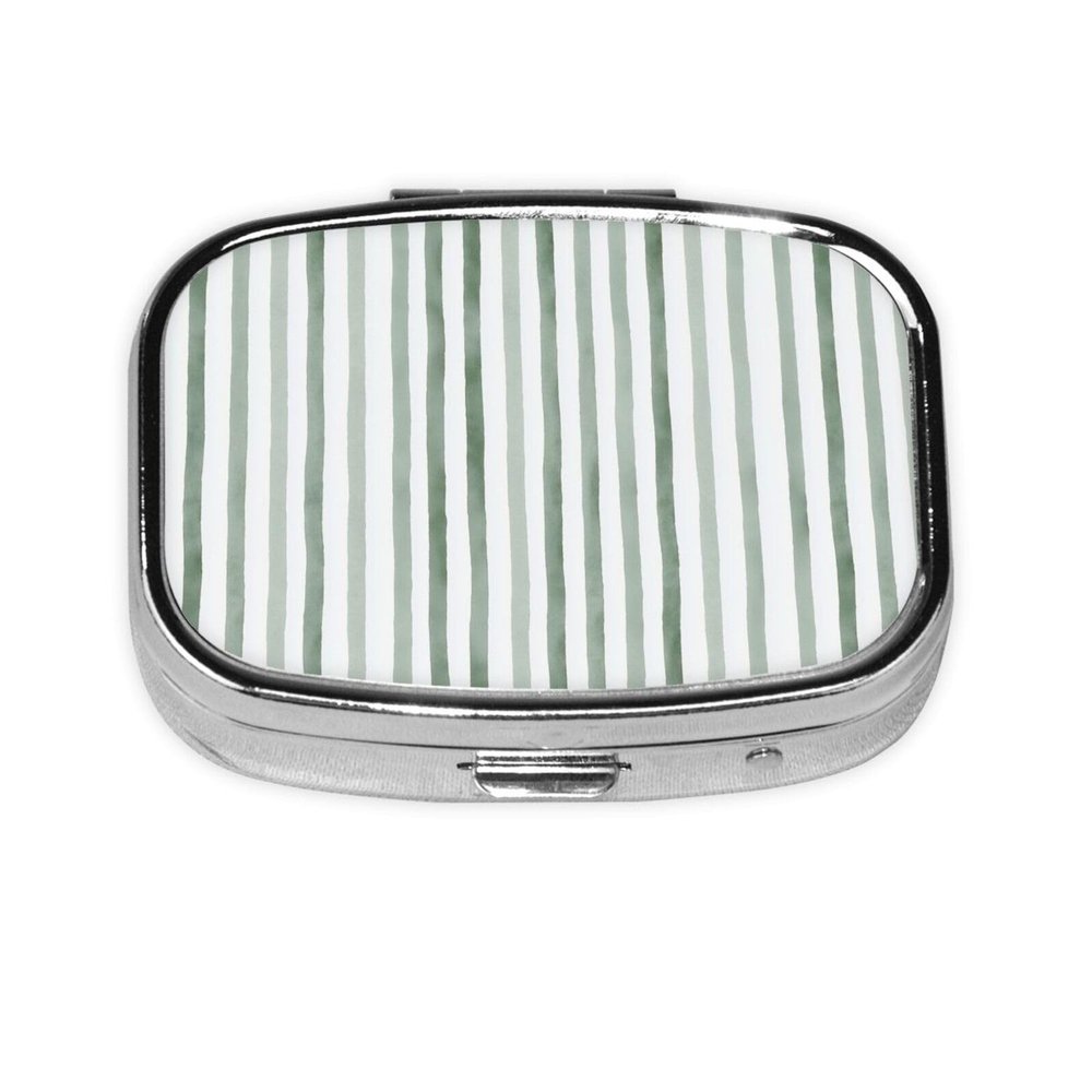 Watercolor Preppy Sage Green Stripes Pattern Pill Box Square Metal Pill Case with 2 Compartment Travel Pill Organizer for Vitamins Medication