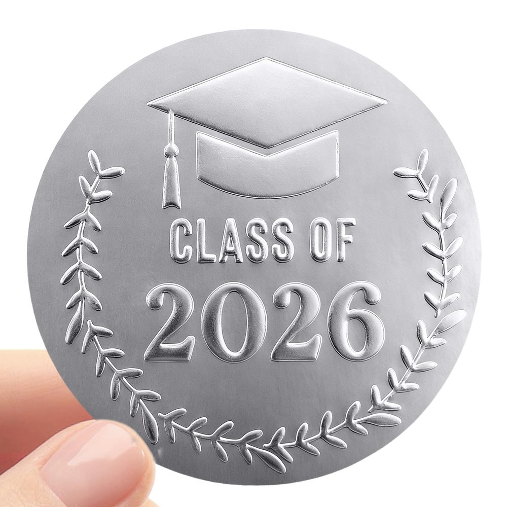 100PCS Class of 2026 Graduation Stickers, Graduation Invitations 2026, Embossed Seal for Party Favor Bags, Dessert Treat Bags, Gift Wrapping, Premium Graduation Party Decorations 1.6 Inch (Silver)