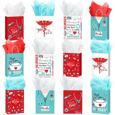 Sabary 48 Pcs Nurse Gift Bags 9 x 7 Inch, Nursing Graduation Party Thank You Nurse Paper Goodie Bags with Tissue Paper Decor for Medical Themed Birthday RN Nursing Graduation Party Favor Supplies