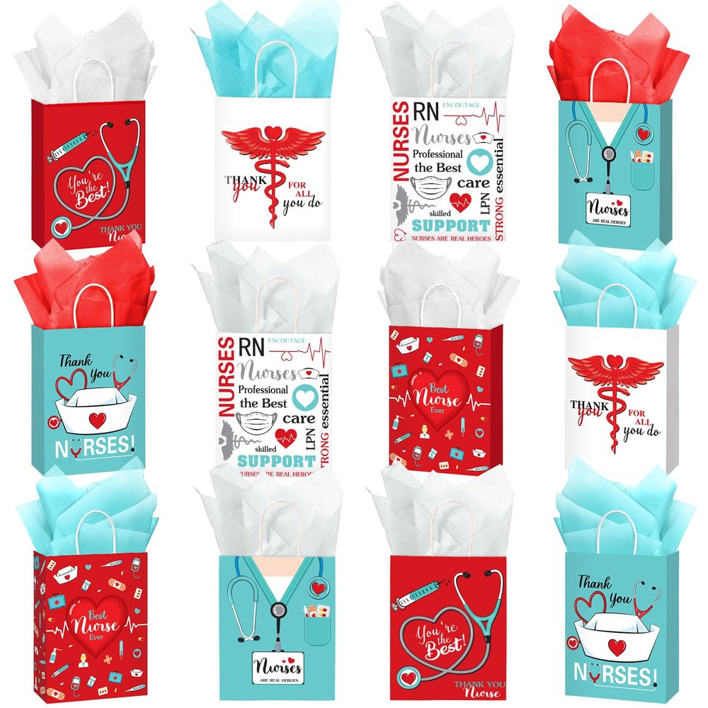 Sabary 48 Pcs Nurse Gift Bags 9 x 7 Inch, Nursing Graduation Party Thank You Nurse Paper Goodie Bags with Tissue Paper Decor for Medical Themed Birthday RN Nursing Graduation Party Favor Supplies