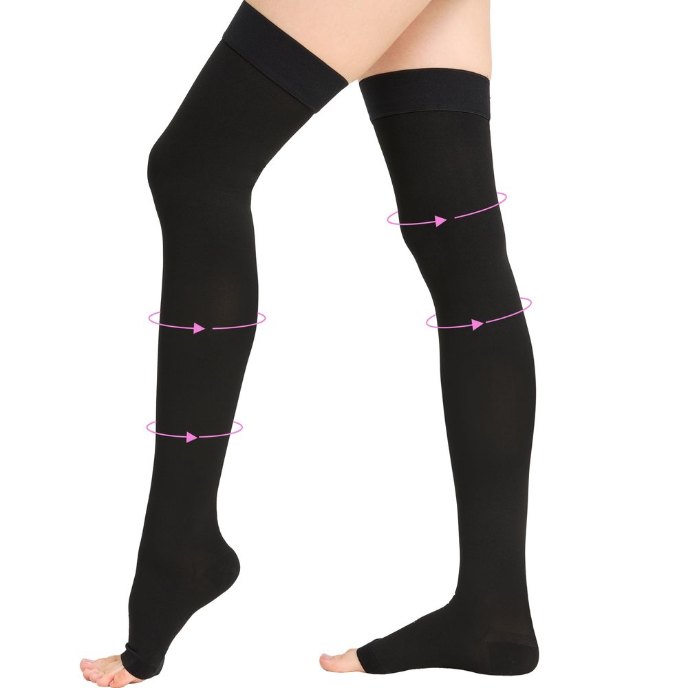 20-30 mmHg Thigh High Compression Stockings for Women, Open Toe with Stay-Up Dot-Top - Relief for Varicose Veins, DVT, Swelling, Pregnancy & Travel, Black, 4X-Large