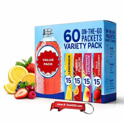 Powdered Drink Mix Variety Pack, Single Serve On-the-Go Packets, Lemonade & Fruit Flavors (60 Count), Travel Drink Mix for Hiking, Camping & Outdoor Sports with K-Tech USA Keychain