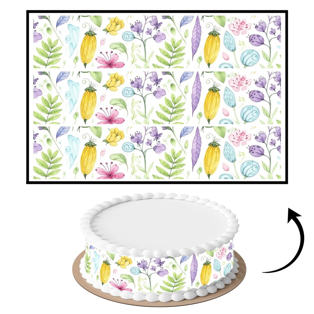 3 pcs Light Botanical Garden Cake Strips Edible birthday cake strips, cake side borders, Icing Sheets 2.7X11.8