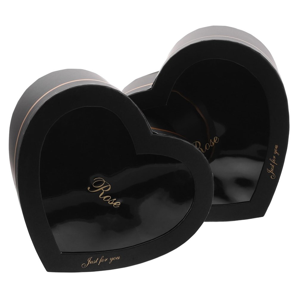 HONMEET Heart Shaped Flower Boxes Set 2pcs with Window and Lid, Valentines Day Treat Box and Small Makeup Storage, Black Paperboard Romantic Packaging for Bridesmaids and Special