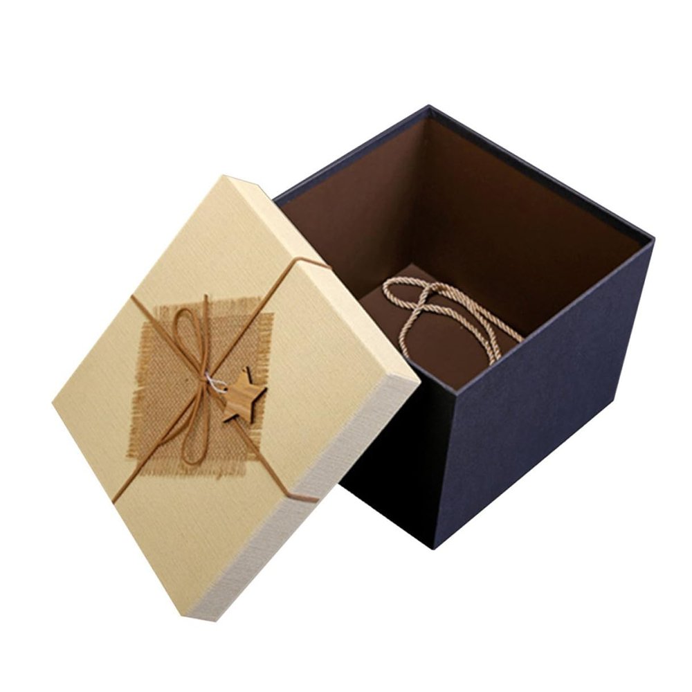 Abaodam Square Birthday Box with Ribbon, Small 19x19x14cm Paperboard Shirt and Scarf Packaging Case, Blue Bottom White Burlap Lid, Present Wrapping for Party and Celebration