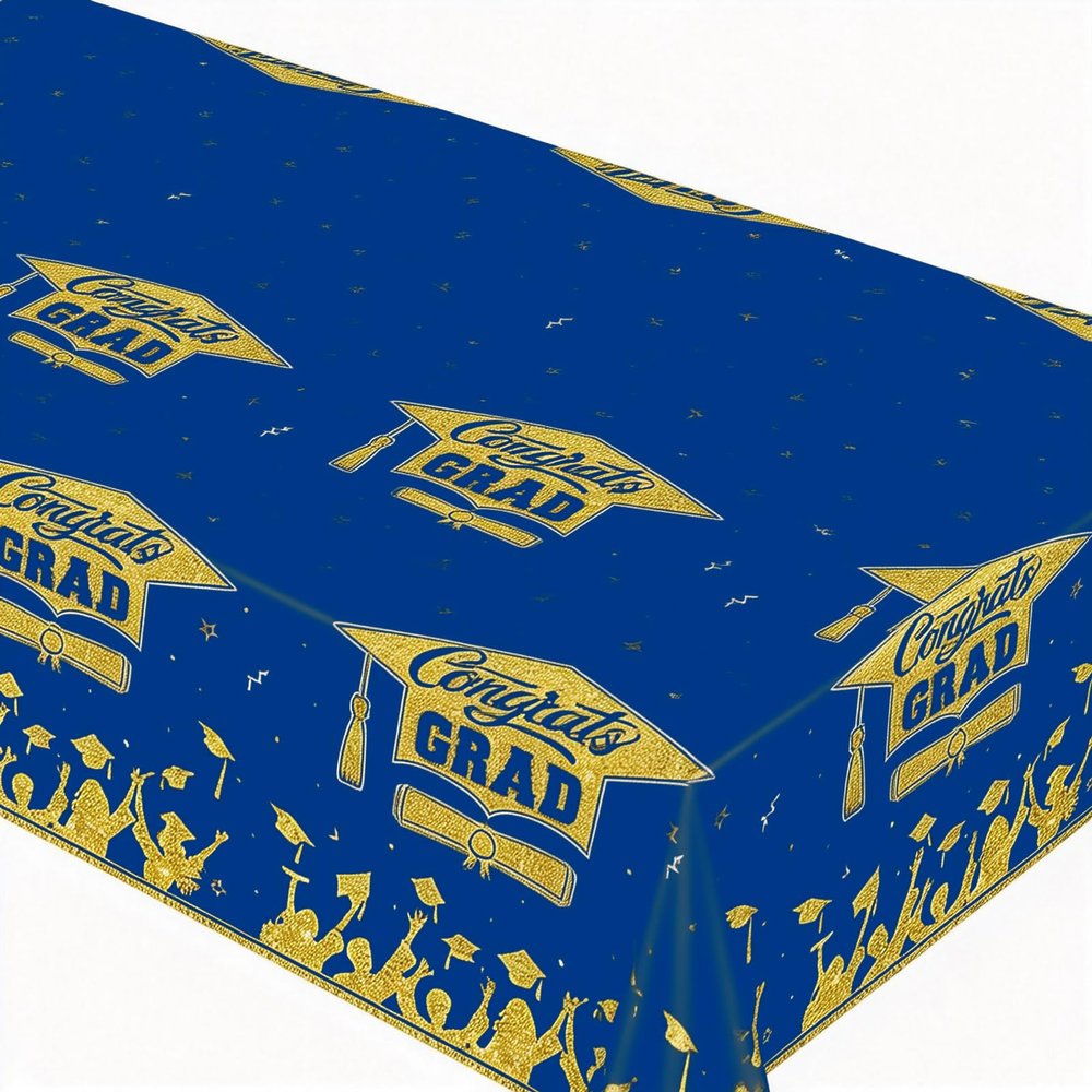 ZRLABL Graduation Season Blue & Gold Tablecloth Congrats Grad Party Decor(Blue&Gold-Tablecloth)