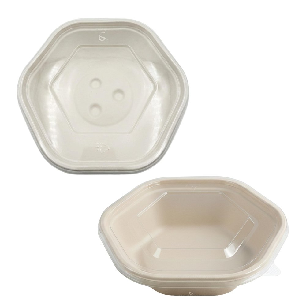 EcoQuality 47oz Hexagon Compostable Bowl with Clear Lid Disposable Fiber Food Bowl for Hot and Cold Meals, Eco Friendly Serving Container for Office, Travel, Catering, Party and Events (100)