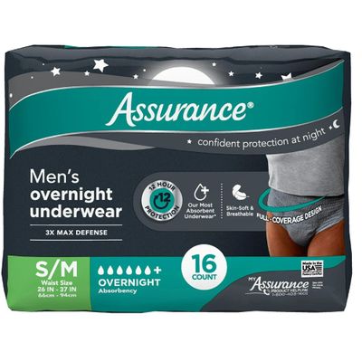 Assurance Men's Overnight Incontinence Underwear, S/M, Ultimate Absorbency, Disposable, 16 Count