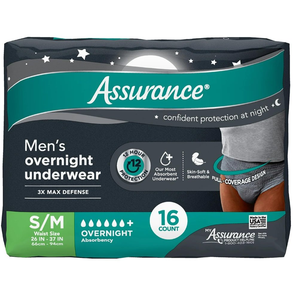 Assurance Men's Overnight Incontinence Underwear, S/M, Ultimate Absorbency, Disposable, 16 Count