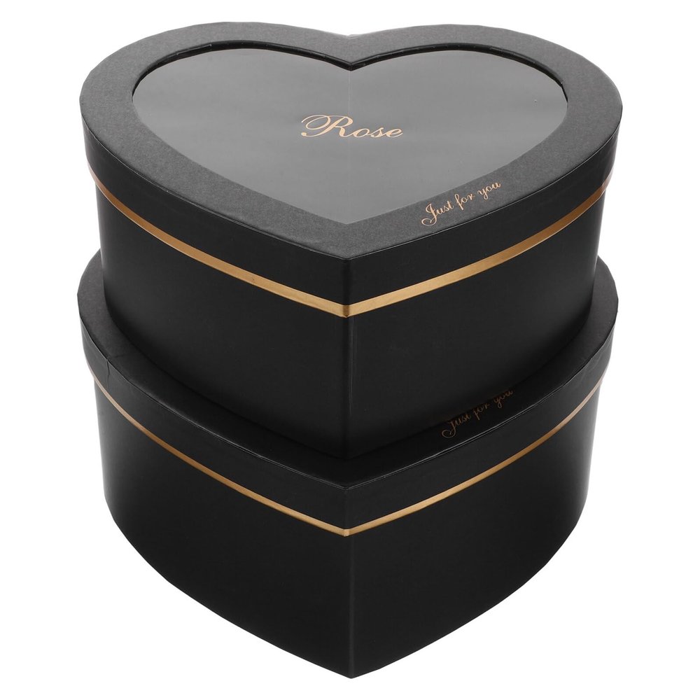 LALADEFIEE Heart Shaped Paper Flower Boxes Set of 2 Black Nesting Boxes with Lids for Valentines Day Floral Arrangements Bridesmaid Proposal Perfume Packaging