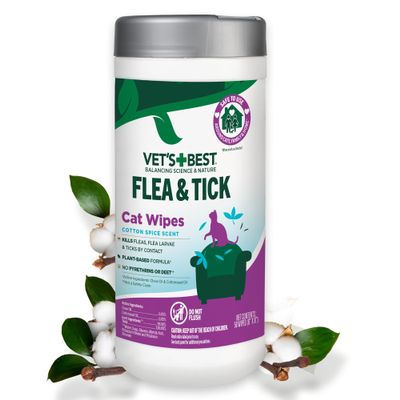Vets Best Flea and Tick Wipes for Cats, Plant-Based Wipes for Flea and Tick Prevention, Also Fights Against Mosquitos, Eggs, Certified Essential Oils, Pest Control Pets and Home Use, 50 Count