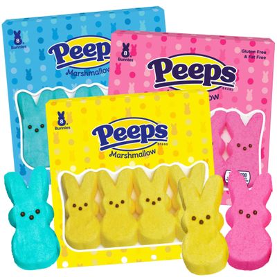Peeps Marshmallow Bunnies, Pink, Blue, and Yellow Bunny Shaped Treats, Easter Basket Stuffers, (Pack of 3)