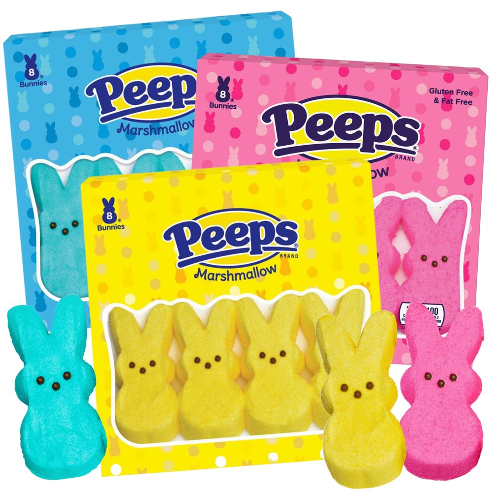 Peeps Marshmallow Bunnies, Pink, Blue, and Yellow Bunny Shaped Treats, Easter Basket Stuffers, (Pack of 3)
