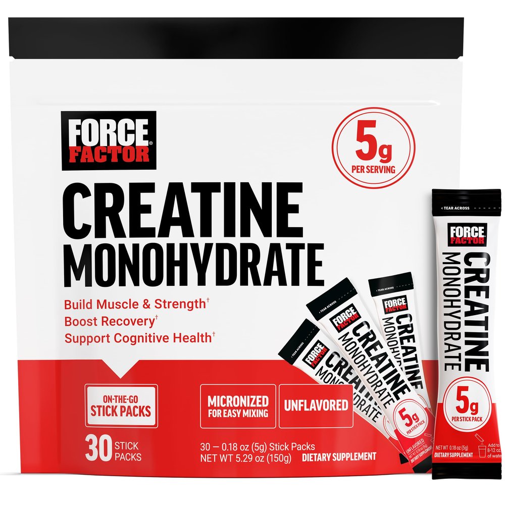 Force Factor Creatine Monohydrate, 5g Micronized Creatine Powder for Muscle Strength, Performance, Recovery and Cognitive Support, On the Go Single Serve Travel Packs, Unflavored, 30 Packets
