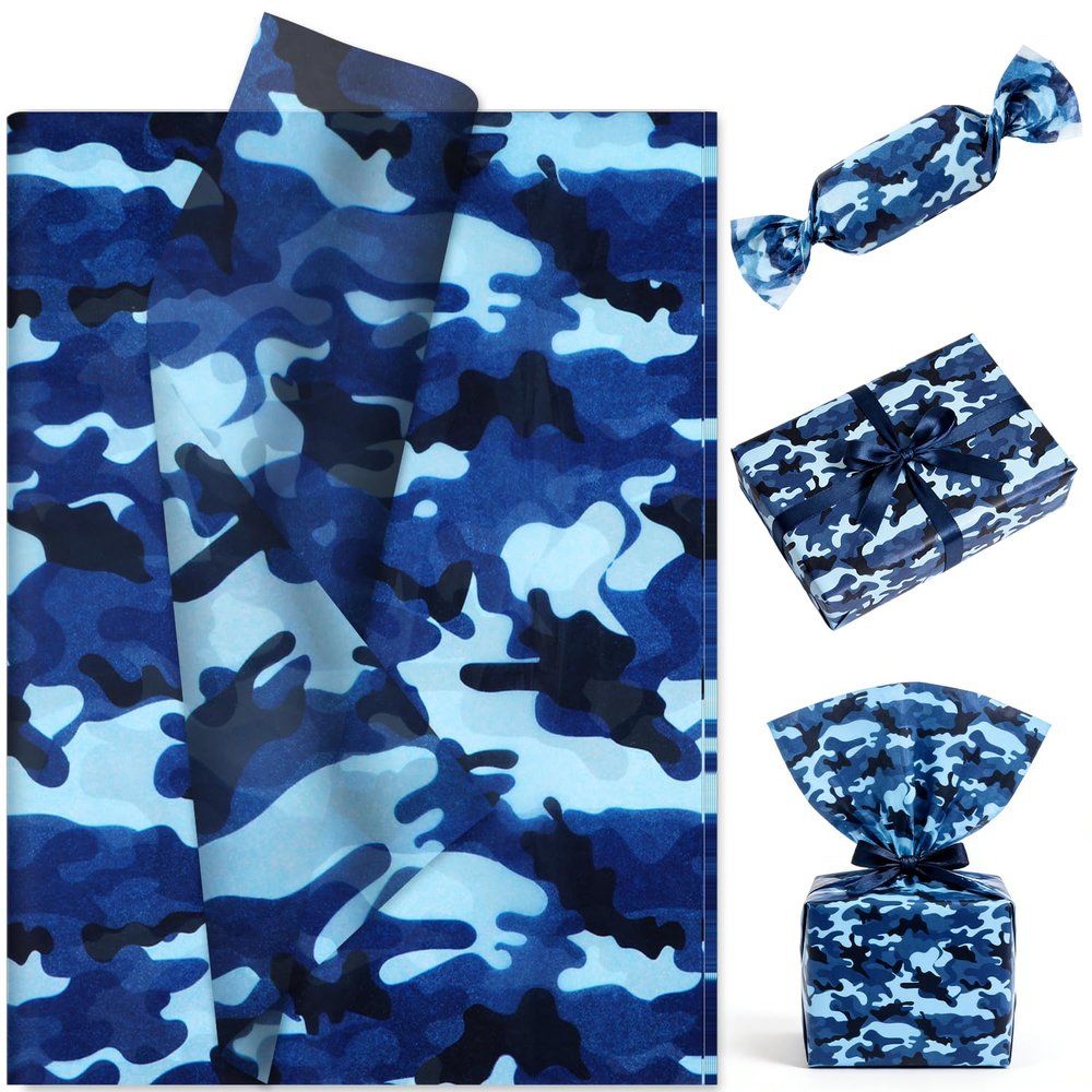 60 Sheets Blue Camouflage Pattern Wrapping Paper, 20 x 14 Inch Army Gift Wrapping Tissue Decorative Supplies for Birthday Veterans Day, Camping Themed Party, Retirement, Hunting Party